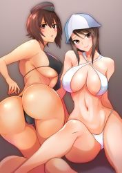 Rule 34 | 2girls, ass, baron (nsbaron), bent over, bikini, black bikini, blue headwear, blush, breasts, brown eyes, brown hair, cleavage, covered erect nipples, girls und panzer, hat, highres, large breasts, long hair, looking at viewer, mika (girls und panzer), multiple girls, navel, nishizumi maho, parted lips, simple background, sitting, smile, swimsuit, tulip hat, white bikini