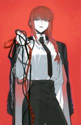 Rule 34 | 1girl, black necktie, black pants, braid, braided ponytail, brown hair, business suit, chain, chain leash, chainsaw man, collared shirt, expressionless, femdom, formal, highres, inuyama (inuhill), jacket, jacket on shoulders, unworn jacket, leash, leash pull, long hair, long sleeves, looking at viewer, makima (chainsaw man), necktie, pants, pov, red background, ringed eyes, shirt, shirt tucked in, solo, suit, white shirt, yellow eyes
