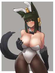 Rule 34 | 1girl, animal ear fluff, animal ears, animal hands, anubis (monster girl encyclopedia), bare shoulders, black bow, black bowtie, blush, bow, bowtie, breasts, brown pantyhose, contrapposto, cowboy shot, dark-skinned female, dark skin, detached collar, donburi (donburikazoku), fake animal ears, fang, fang out, gluteal fold, green eyes, green hair, hair ornament, hand on own chest, highres, huge breasts, leotard, long hair, looking at viewer, monster girl, monster girl encyclopedia, pantyhose, playboy bunny, rabbit ears, smile, snake hair ornament, solo, strapless, strapless leotard, tail, white leotard, wolf ears, wolf girl, wolf tail