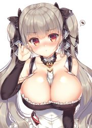 Rule 34 | 1girl, azur lane, bare shoulders, between breasts, black bow, blush, bow, breasts, cleavage, collarbone, commentary request, detached collar, dress, formidable (azur lane), frilled dress, frills, hair bow, hand up, highres, large breasts, long hair, long sleeves, looking at viewer, maid, nose blush, pout, red eyes, silver hair, simple background, solo, spoken squiggle, squiggle, suzunone rena, twintails, upper body, white background