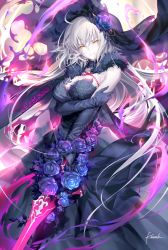 Rule 34 | 1girl, ahoge, alternate hair length, alternate hairstyle, black dress, black gloves, breasts, capelet, commentary request, detached collar, dress, elbow gloves, fate/grand order, fate (series), floral print, flower, fur, fur capelet, fur trim, gloves, half-closed eyes, holding, holding own arm, holding sword, holding weapon, jeanne d&#039;arc (fate), jeanne d&#039;arc alter (avenger) (fate), jeanne d&#039;arc alter (fate), kousaki rui, large breasts, long hair, looking at viewer, pale skin, purple flower, purple rose, rose, signature, silver hair, smile, solo, strapless, strapless dress, sword, very long hair, weapon, yellow eyes