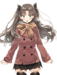 Rule 34 | 1girl, aqua eyes, black thighhighs, blush, brown hair, chibirisu, coat, cowboy shot, fate/stay night, fate (series), highres, long hair, looking at viewer, open mouth, pleated skirt, scarf, simple background, skirt, solo, sweatdrop, thighhighs, tohsaka rin, two side up, white background, winter clothes, winter coat, zettai ryouiki