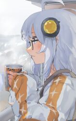Rule 34 | 1girl, a.i. voice, ahoge, balcony, blue eyes, blue nails, cup, from side, glasses, grey hair, hair ornament, handrail, highres, holding, holding cup, kizuna akari, kizuna akari (a.i. voice), long hair, mug, orange shirt, overcast, parted lips, pocche-ex, profile, shirt, sky, solo, star (symbol), star print, striped clothes, striped shirt, suspenders, upper body, variant set, vertical-striped clothes, vertical-striped shirt, voiceroid, white shirt