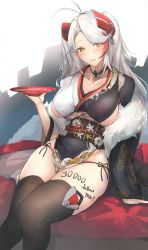 Rule 34 | 1girl, absurdres, adapted costume, ahoge, azur lane, black thighhighs, body writing, breasts, cleavage, collarbone, cross, cup, grey kimono, headgear, highres, iron cross, japanese clothes, kimono, large breasts, lips, looking at viewer, mole, mole under mouth, multicolored hair, panties, prinz eugen (azur lane), prinz eugen (profusion of flowers) (azur lane), sakazuki, side-tie panties, silver hair, sitting, smile, solo, streaked hair, thighhighs, thong, two side up, underwear, wet, wide sleeves, yusha m