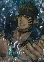 Rule 34 | 1boy, air bubble, anchor necklace, bara, beard, beckoning, blue eyes, bubble, commentary, dark-skinned male, dark skin, ear piercing, facial hair, grin, headband, highres, jewelry, large pectorals, looking at viewer, male focus, muscular, muscular male, necklace, pectorals, piercing, pointy ears, short hair, smile, solo, spiked hair, sweet-apple, tangaroa (housamo), tangaroa mugen (housamo), tattoo, tentacles, tokyo houkago summoners, tribal tattoo, twitter username, upper body