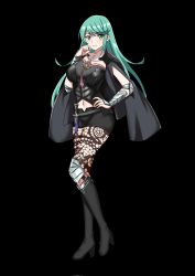 Rule 34 | 1girl, aqua eyes, aqua hair, armor, black background, black cape, black footwear, black shorts, blush, boots, breasts, brown pantyhose, byleth (female) (fire emblem), byleth (female) (fire emblem) (cosplay), byleth (fire emblem), byleth (fire emblem) (cosplay), cape, cleavage, clothing cutout, contrapposto, cosplay, dagger, female focus, fire emblem, fire emblem: three houses, full body, hand on own hip, hand to own mouth, high heel boots, high heels, highres, knife, lace, lace-trimmed legwear, lace trim, long hair, looking at viewer, matching hair/eyes, navel, navel cutout, nintendo, nottme, pantyhose, pantyhose under shorts, pauldrons, pneuma (xenoblade), print pantyhose, sheath, sheathed, short shorts, shorts, shoulder armor, simple background, smile, solo, standing, swept bangs, vambraces, weapon, xenoblade chronicles (series), xenoblade chronicles 2