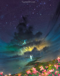 Rule 34 | 1girl, cloud, commentary, dark clouds, dress, dutch angle, english commentary, facing away, flower, glowing, grass, highres, lightning, long hair, night, night sky, original, outdoors, pink flower, scenery, sky, sleeveless, sleeveless dress, solo, standing, star (sky), starry sky, storm, storm cloud, thunder, very long hair, wading, water, watermark, web address, white dress, white hair, wide shot, yuumei