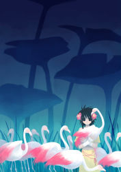 Rule 34 | androgynous, bad id, bad pixiv id, bare shoulders, bird, black eyes, black hair, character request, empty eyes, falcom, flamingo, flower, gender request, gradient background, grass, hair flower, hair ornament, holding, midriff, navel, original, park soyoung, scenery, sidelocks, solo, ys