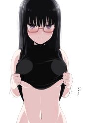 Rule 34 | 1girl, black hair, black sweater, blush, breasts, glasses, groin, highres, ikari manatsu, large breasts, lifting own clothes, long hair, navel, original, out-of-frame censoring, purple eyes, red-framed eyewear, sleeveless, sleeveless turtleneck, smile, solo, sweater, top pull, turtleneck, underboob, upper body