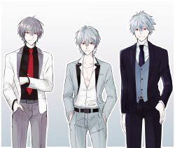 Rule 34 | 3boys, aged up, belt, formal, grey hair, hands in pockets, height difference, jewelry, looking at viewer, male focus, multiple boys, multiple persona, nagisa kaworu, necklace, necktie, neon genesis evangelion, open clothes, pants, pectoral cleavage, pectorals, red eyes, short hair, tsubaki xxx0921, white background