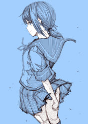 Rule 34 | 10s, 1girl, arm behind back, black hair, blue background, blue theme, female focus, fubuki (kancolle), holding, holding clothes, holding skirt, kantai collection, kneehighs, kouji (campus life), looking at viewer, looking back, low ponytail, monochrome, pleated skirt, ponytail, school uniform, serafuku, short ponytail, simple background, sketch, skirt, smile, socks, solo, teasing, thighs