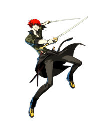 Rule 34 | 1boy, atlus, dual wielding, grin, holding, male focus, minazuki sho, official art, persona, persona 4: the ultimate in mayonaka arena, persona 4: the ultimax ultra suplex hold, red hair, scar, smile, soejima shigenori, solo, sword, weapon