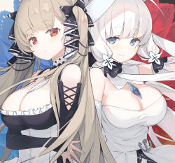 Rule 34 | 2girls, :|, anchor symbol, azur lane, blue eyes, blush, breasts, choker, cleavage, closed mouth, corset, dress, elbow gloves, feet out of frame, formidable (azur lane), frills, gloves, hair ribbon, highres, illustrious (azur lane), large breasts, mole, mole under eye, multiple girls, platinum blonde hair, red eyes, ribbon, side-by-side, smile, tam-u, twintails, two-tone ribbon, white gloves, white hair