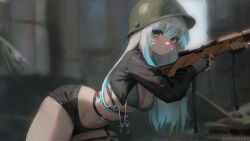 Rule 34 | 1girl, absurdres, artist name, belt, bikini, bikini top only, black belt, black gloves, black jacket, black nails, black shorts, blue eyes, blue hair, blurry, blurry background, blush, bolt action, breasts, chain, chrisdasa, combat helmet, commentary, commission, cropped jacket, cross, english commentary, facial mark, finger on trigger, fingerless gloves, fingernails, from side, gloves, gradient hair, green bikini, gun, helmet, heterochromia, highres, holding, holding gun, holding weapon, jacket, large breasts, long hair, long sleeves, looking at viewer, multicolored hair, nail polish, navel, o-ring, o-ring thigh strap, open clothes, open jacket, original, outdoors, parted lips, pink eyes, rifle, short shorts, shorts, solo, swimsuit, thigh strap, two-tone hair, weapon, white hair