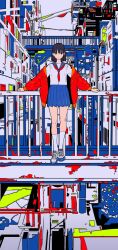 Rule 34 | 1girl, absurdres, black hair, blue skirt, color coordination, expressionless, full body, hand on railing, high contrast, highres, jacket, kneehighs, looking at viewer, neck ribbon, open clothes, open jacket, original, outdoors, pleated skirt, red ribbon, ribbon, sailor collar, school uniform, serafuku, shoes, short hair, skirt, sneakers, socks, solo, standing, tarou2, white socks