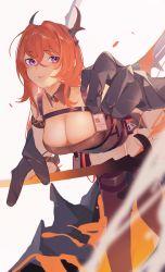 Rule 34 | 1girl, arknights, armlet, bent over, black dress, black thighhighs, breasts, cleavage, collarbone, detached collar, dress, feet out of frame, giant, highres, holding, holding sword, holding weapon, horns, large breasts, lifting person, long hair, looking at viewer, lava, parted lips, purple eyes, red hair, sakura (1723231388), short dress, simple background, sleeveless, sleeveless dress, solo focus, surtr (arknights), sword, thigh strap, thighhighs, weapon, white background
