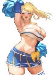 Rule 34 | 1girl, aji (sakanaaj1), areola slip, arm behind head, arm up, armpits, ayase eli, bandeau, bare shoulders, blonde hair, blue eyes, blue skirt, blush, breasts, cheerleader, cleavage, collarbone, covered erect nipples, highres, holding, holding pom poms, large breasts, long hair, looking at viewer, love live!, love live! school idol project, miniskirt, navel, open mouth, pom pom (cheerleading), pom poms, ponytail, sidelocks, skindentation, skirt, smile, solo, sweat, swept bangs, thighhighs, thighs, white thighhighs