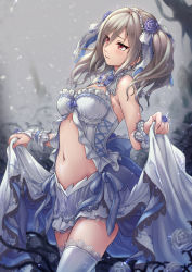 Rule 34 | 1girl, bead necklace, beads, breasts, brooch, brown hair, closed mouth, commentary request, cowboy shot, dress, earrings, flower, glint, hair between eyes, hair flower, hair ornament, hair ribbon, highres, idolmaster, idolmaster cinderella girls, idolmaster cinderella girls starlight stage, jewelry, kanzaki ranko, lace, lace-trimmed dress, lace-trimmed legwear, lace trim, light particles, looking away, medium breasts, medium hair, navel, necklace, purple flower, purple rose, red eyes, ribbon, rose, sidelocks, skirt hold, sleeveless, sleeveless dress, solo, standing, stomach, thighhighs, thorns, toshi, twintails, white dress, white flower, white ribbon, white rose, white thighhighs, wrist cuffs