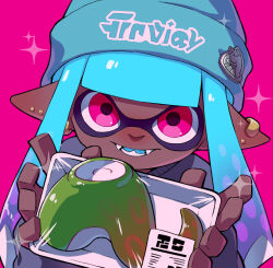 Rule 34 | 1girl, beanie, blue hair, blue hat, blue tongue, colored tongue, dark-skinned female, dark skin, giving, grey sweater, hat, inkling, inkling girl, inkling player character, light blue hair, long hair, looking at viewer, multiple piercings, nintendo, open mouth, pink background, pink eyes, pointy ears, simple background, smile, solo, sparkle, splatoon (series), sweater, tentacle hair, tentacles, teo (teorekka)