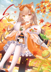 Rule 34 | 1girl, :o, animal ear fluff, animal ears, autumn leaves, ball, black footwear, blue sky, blush, bow, branch, brown hair, choker, cloud, commentary request, cup, day, egasumi, feet out of frame, food, frilled kimono, frills, hair bow, highres, holding, holding cup, japanese clothes, kimono, leaf, long hair, long sleeves, looking at viewer, maple leaf, obi, onigiri, orange bow, orange choker, orange eyes, orange kimono, origami, original, outdoors, parted lips, sandals, sash, sitting, sky, solo, temari ball, thighhighs, very long hair, wasabi (sekai), wheat, white thighhighs, wide sleeves, zouri