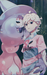Rule 34 | 1boy, ahoge, arm at side, bede (pokemon), closed mouth, collared shirt, commentary, creatures (company), curly hair, elulit2, game freak, gen 8 pokemon, hatterene, highres, looking at viewer, nintendo, pokemon, pokemon (creature), pokemon swsh, print shirt, purple eyes, shirt, short sleeves, white hair