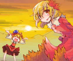 Rule 34 | 2girls, aki minoriko, aki shizuha, blonde hair, closed eyes, food, fruit, grapes, hair ornament, hands up, hat, leaf, leaf hair ornament, mountain, multiple girls, open mouth, outstretched arms, shinapuu, sky, smile, spread arms, sunset, touhou, twilight, yellow eyes