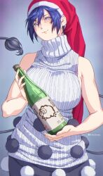 Rule 34 | 1girl, absurdres, adapted costume, blue eyes, bottle, closed mouth, commentary, doremy sweet, english commentary, grey background, hat, highres, holding, holding bottle, looking at viewer, nightcap, pom pom (clothes), red headwear, sleeveless, sweater, tail, tapir tail, touhou, ultragruntyy, white sweater