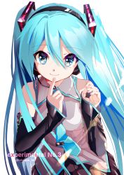 Rule 34 | 1girl, bare shoulders, blouse, blue eyes, blue hair, blue necktie, blush, closed mouth, collared shirt, commentary, detached sleeves, finger to mouth, fingernails, grey shirt, hair between eyes, hair ornament, hands up, hatsune miku, headset, highres, long hair, long sleeves, looking at viewer, necktie, shirt, simple background, sleeves past wrists, smile, solo, takepon1123, twintails, twitter username, upper body, very long hair, vocaloid, white background