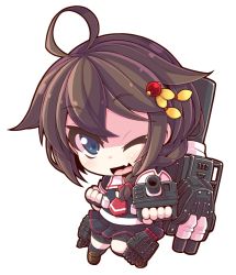 Rule 34 | 10s, ;d, ahoge, black serafuku, black skirt, blue eyes, braid, brown hair, chibi, clenched hand, crazy developers, fang, fingerless gloves, foreshortening, gloves, hair flaps, hair ornament, hair over shoulder, hairclip, kantai collection, machinery, neckerchief, one eye closed, open mouth, pleated skirt, red neckerchief, school uniform, serafuku, shigure (kancolle), shigure kai ni (kancolle), simple background, single braid, skirt, smile, solo, turret, white background