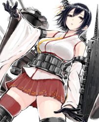 Rule 34 | 10s, 1girl, bad drawr id, bad id, black gloves, black hair, detached sleeves, drawr, from below, fusou (kancolle), gloves, hair ornament, japanese clothes, kantai collection, nontraditional miko, oekaki, red eyes, remodel (kantai collection), short hair, simple background, solo, sukeroku (treeee), yamashiro (kancolle)