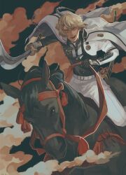 Rule 34 | 1boy, armor, belt, black gloves, black shirt, blonde hair, chinese commentary, commentary request, full body, gloves, higekiri (touken ranbu), holding, holding sword, holding weapon, horse, horseback riding, jacket, jacket on shoulders, japanese armor, katana, kote, looking at viewer, male focus, military, military uniform, open mouth, pants, reins, riding, scabbard, sheath, shirt, short hair, solo, sword, touken ranbu, uniform, weapon, white belt, white jacket, white pants, yellow eyes, zi tsas