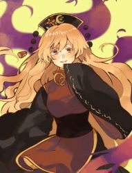 Rule 34 | 1girl, black dress, black headwear, blonde hair, commentary request, cowboy shot, dress, hand up, highres, junko (touhou), kabocha1408, long hair, looking at viewer, one-hour drawing challenge, open mouth, orange eyes, pom pom (clothes), sleeves past fingers, sleeves past wrists, smile, solo, tabard, touhou, wide sleeves, yellow background