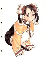 Rule 34 | 1girl, :o, black hair, blue eyes, blush, board game, braid, braided hair rings, capelet, child, chinese clothes, dress, embarrassed, flat chest, from side, full body, hair ornament, hair rings, highres, knees to chest, long sleeves, looking away, mahjong, murata range, non-web source, official art, open mouth, pantyhose, rope, scan, shao-hong, shoes, short dress, short hair, simple background, solo, squatting, swept bangs, taisen hot gimmick, taisen hot gimmick kairakuten, thighhighs, turtleneck, twin braids, white background, white pantyhose, white thighhighs, wide sleeves, yin yang