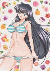 Rule 34 | 1990s (style), 1girl, absurdres, bishoujo senshi sailor moon, black hair, bra, breasts, female focus, floral background, flower, highres, hino rei, long hair, navel, open mouth, panties, panty pull, rascal (n119), retro artstyle, sailor mars, smile, solo, striped bra, striped clothes, striped panties, underwear