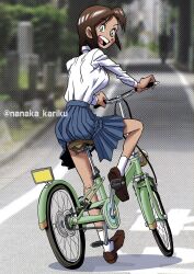 Rule 34 | 1girl, bicycle, blue skirt, blurry, blurry background, brown footwear, brown hair, from behind, green eyes, gstar8893, highres, loafers, medium hair, open mouth, original, outdoors, pleated skirt, riding, riding bicycle, road, shirt, shoes, skirt, socks, solo, street, teeth, twitter username, uniform, upper teeth only, white shirt, white socks