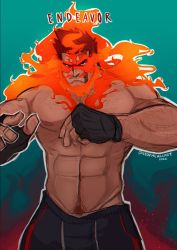 Rule 34 | 1boy, abs, bara, blue eyes, body hair, boku no hero academia, endeavor (boku no hero academia), facial hair, fingerless gloves, fire, gloves, hairy, highres, large pectorals, male focus, male pubic hair, muscular, nipples, pectorals, pubic hair, red hair, scar, short hair, shorts, solo, spiked hair, stormcallart, stubble, topless male