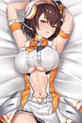 Rule 34 | 1girl, armpits, arms behind head, azur lane, baltimore (azur lane), baltimore (muse) (azur lane), black panties, blush, bow, braid, breasts, brown hair, buckle, center opening, clothing cutout, cuboon, hair between eyes, hat, head tilt, heart, heart-shaped buckle, idol, large breasts, looking at viewer, lying, mini hat, navel, on back, open mouth, orange bow, panties, pantyshot, parted lips, short hair, sleeveless, stomach, underboob, underboob cutout, underwear, yellow eyes