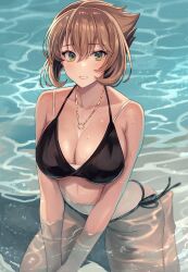 Rule 34 | 1girl, bikini, black bikini, breasts, brown hair, commentary request, green eyes, highres, jewelry, kantai collection, kasumi (skchkko), kneeling, large breasts, looking at viewer, mutsu (kancolle), necklace, o-ring, outdoors, parted lips, partially submerged, short hair, side-tie bikini bottom, sitting, smile, solo, swimsuit, wariza
