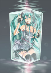 Rule 34 | 1girl, against glass, aqua eyes, aqua hair, bare shoulders, black thighhighs, blue hair, box, breasts, choker, collarbone, colored eyelashes, cross-laced clothes, dress, fingerless gloves, frilled gloves, frills, gloves, goth fashion, hatsune miku, headset, high heels, in box, in container, long hair, mizubako (vocaloid), nidy, ribbon, small breasts, solo, thighhighs, twintails, underwater, very long hair, vocaloid