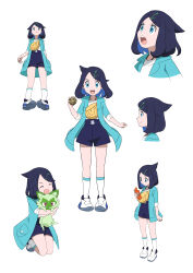 Rule 34 | 1girl, :d, absurdres, black hair, black shorts, coat, colored inner hair, commentary request, cowlick, creatures (company), game freak, gen 4 pokemon, green coat, hair ornament, hairclip, highres, holding, holding poke ball, holding pokemon, liko (pokemon), marie (marie cookie222), medium hair, multicolored hair, multiple views, nintendo, open clothes, open coat, open mouth, poke ball, pokemon, pokemon (anime), pokemon (creature), pokemon horizons, rotom, rotom phone, shirt, shoes, shorts, smile, socks, sprigatito, standing, white footwear, white shirt, white socks, yellow bag