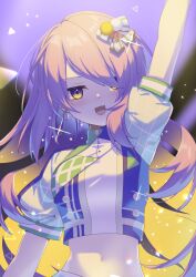 Rule 34 | 1girl, arm up, blonde hair, bow, colored inner hair, commentary request, fang, gradient hair, hair bow, highres, hololive, hololive indonesia, idol clothes, long hair, looking at viewer, midriff, moona hoshinova, multicolored hair, navel, nyori, open mouth, puffy short sleeves, puffy sleeves, purple eyes, purple hair, short sleeves, solo, starry hair, two-tone hair, upper body, virtual youtuber