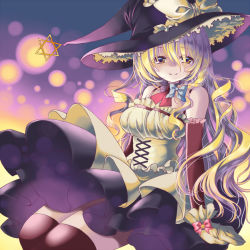 Rule 34 | 1girl, adapted costume, bare shoulders, black gloves, black thighhighs, blush, breasts, corset, dress, elbow gloves, female focus, frills, glove bow, gloves, halloween, hat, hexagram, kirisame marisa, large breasts, long hair, looking at viewer, seidou (tukinomiyako), sitting, smile, solo, spaghetti strap, star of david, thighhighs, too many, too many frills, touhou, very long hair, white gloves, witch, witch hat, yellow eyes