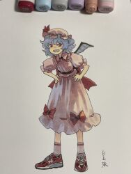 Rule 34 | 1girl, alternate footwear, art tools in frame, bare arms, bat wings, blue hair, commentary request, dress, flat chest, full body, grin, hands on own hips, hat, highres, leaning forward, looking at viewer, messy hair, mob cap, pink dress, puffy short sleeves, puffy sleeves, red eyes, remilia scarlet, shiratama (hockey), short hair, short sleeves, simple background, smile, solo, touhou, traditional media, v-shaped eyebrows, wings