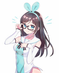 Rule 34 | 1girl, absurdres, adjusting eyewear, alternate color, bare shoulders, black-framed eyewear, blue eyes, blue hair, breasts, brown hair, closed mouth, commentary request, detached sleeves, glasses, hairband, hand on eyewear, hand on own chest, hand up, highres, kizuna ai, kizuna ai inc., long hair, long sleeves, looking at viewer, medium breasts, multicolored hair, neginoki, notice lines, sailor collar, shirt, simple background, smile, solo, streaked hair, upper body, virtual youtuber, white background, white sailor collar, white shirt