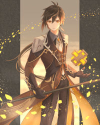 Rule 34 | 1boy, absurdres, black gloves, black hair, brown hair, closed mouth, earrings, edzf, floating, floating object, formal, genshin impact, gloves, hair between eyes, highres, holding, holding weapon, jacket, jewelry, long hair, long sleeves, looking at viewer, male focus, multicolored hair, polearm, ponytail, rock, simple background, single earring, solo, spear, suit, weapon, yellow eyes, zhongli (genshin impact)