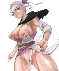 Rule 34 | 1girl, atleastion102, black clover, breasts, cleavage, curvy, grey hair, highres, huge breasts, large areolae, large breasts, nipples, no bra, noelle silva, object insertion, panties, purple eyes, pussy, pussy juice, thick thighs, thighs, twintails, underwear, vaginal, vaginal object insertion, white background, white panties