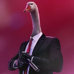 Rule 34 | agent 47, agent 47 (cosplay), animal focus, bird, bird boy, black gloves, black suit, commentary, cosplay, english commentary, formal, gloves, goose, goose (untitled goose game), gun, handgun, hitman (game), holding, holding gun, holding weapon, jeppe sorenson, long sleeves, male focus, necktie, parody, pistol, realistic, red background, red necktie, simple background, solo, suit, suppressor, untitled goose game, upper body, weapon, what