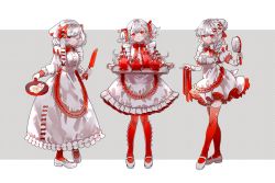 Rule 34 | 1girl, absurdres, apron, bacon, bow, braid, brush, chilcy35, dress, egg (food), food, fried egg, gloves, hair bow, hair ribbon, highres, holding, holding knife, holding tray, knife, long hair, long sleeves, looking at viewer, maid, mary janes, multiple views, one eye closed, original, red eyes, red ribbon, red thighhighs, ribbon, shoes, short hair, short sleeves, short twintails, sidelocks, simple background, standing, teapot, thighhighs, tray, twintails, white dress, white footwear, white gloves, white hair