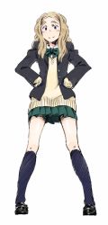 Rule 34 | bow, brown eyes, brown hair, chibikko (morihito), eyebrows, hands on own hips, kneehighs, loafers, long hair, morihito, original, school uniform, shoes, skirt, sleeves past wrists, socks, solo, sweater, thick eyebrows