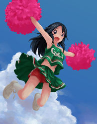 Rule 34 | 10s, armpits, black hair, blush, character request, cheerleader, girls und panzer, jumping, midriff, open mouth, outdoors, pom pom (cheerleading), shorts under skirt, skirt, tetsuro ito